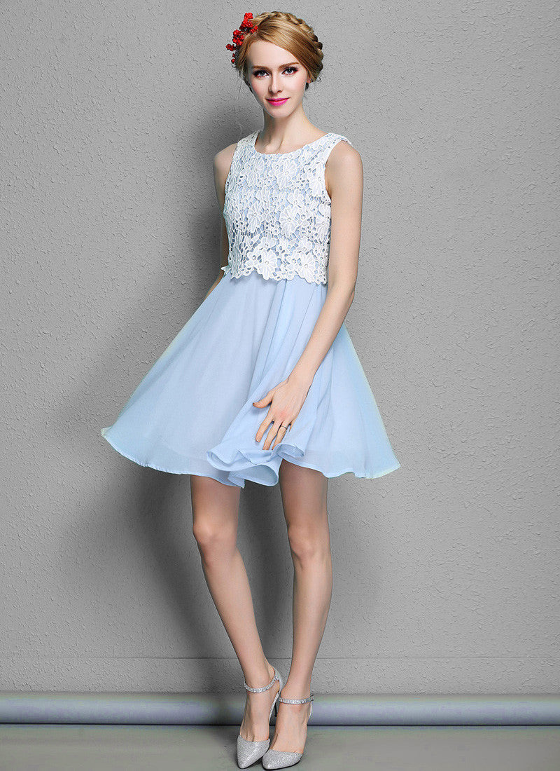 White Lace Mini Dress with Light Blue Skirt Fit and Flare Dress RD575