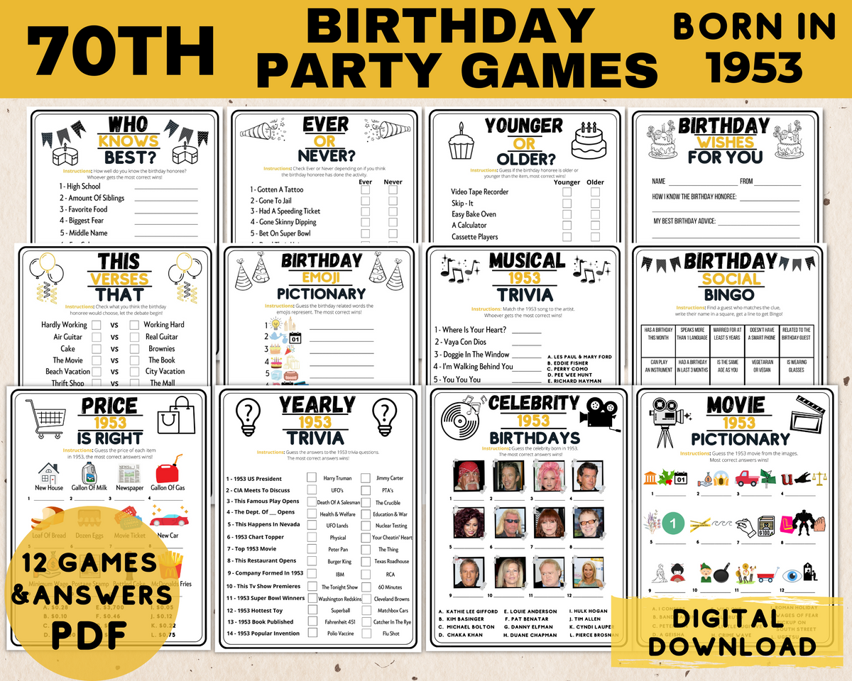 70th Birthday Party Printable Games Born In 1952 Trivia Instant