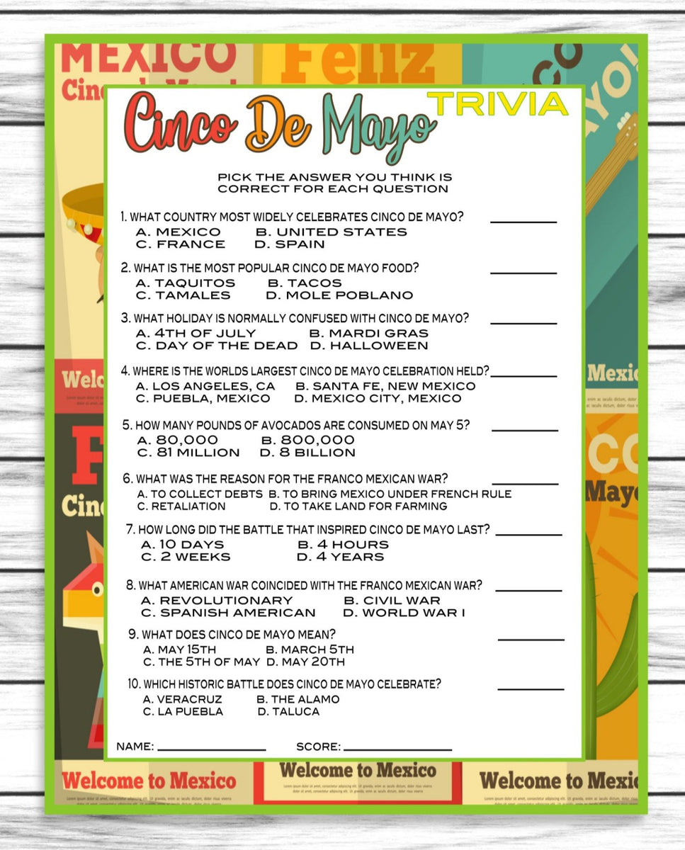 Cinco De Mayo Trivia Game Printable Kids Activity Sheet Instant Down