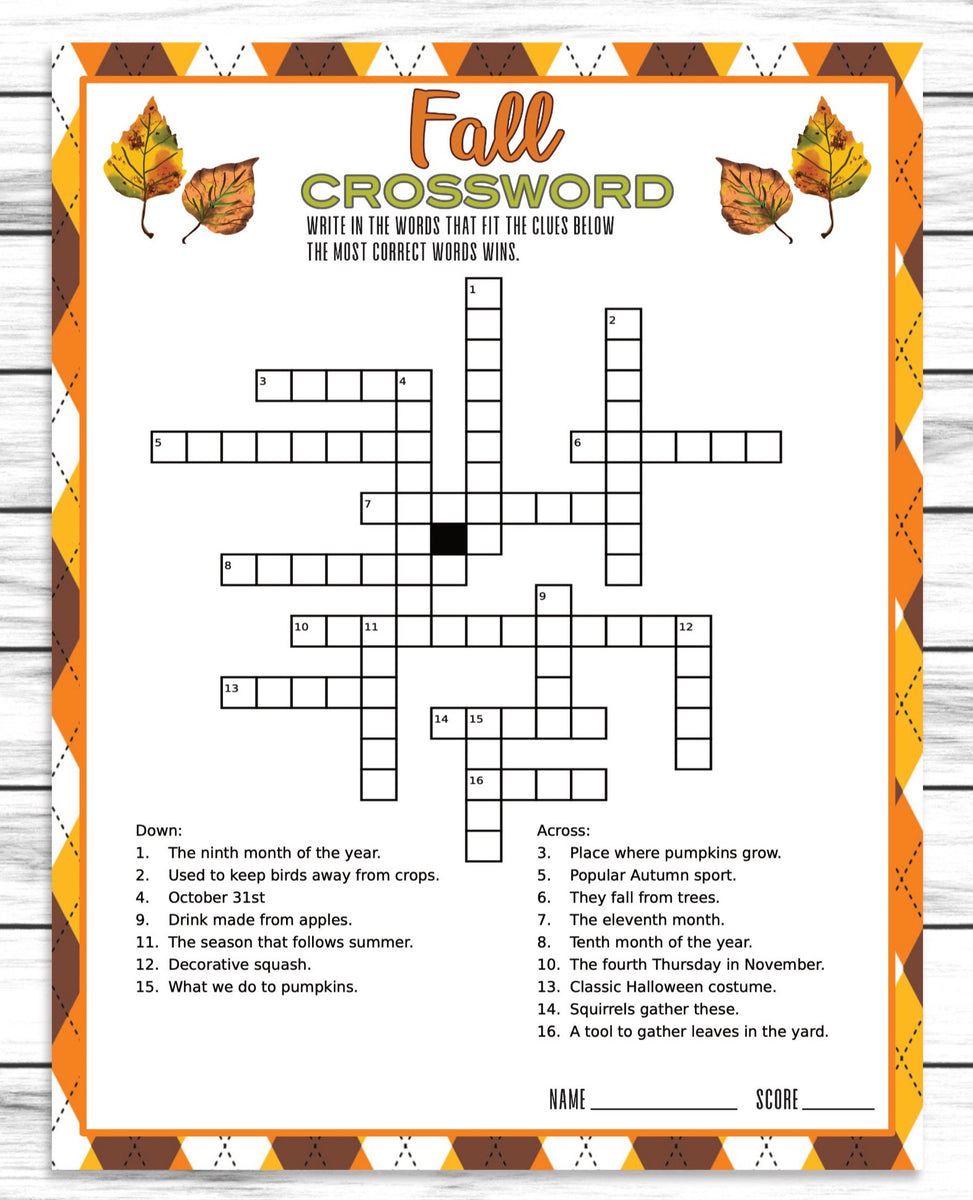 Fall Autumn Party Family Reunion Crossword Puzzle Game Printable Kids