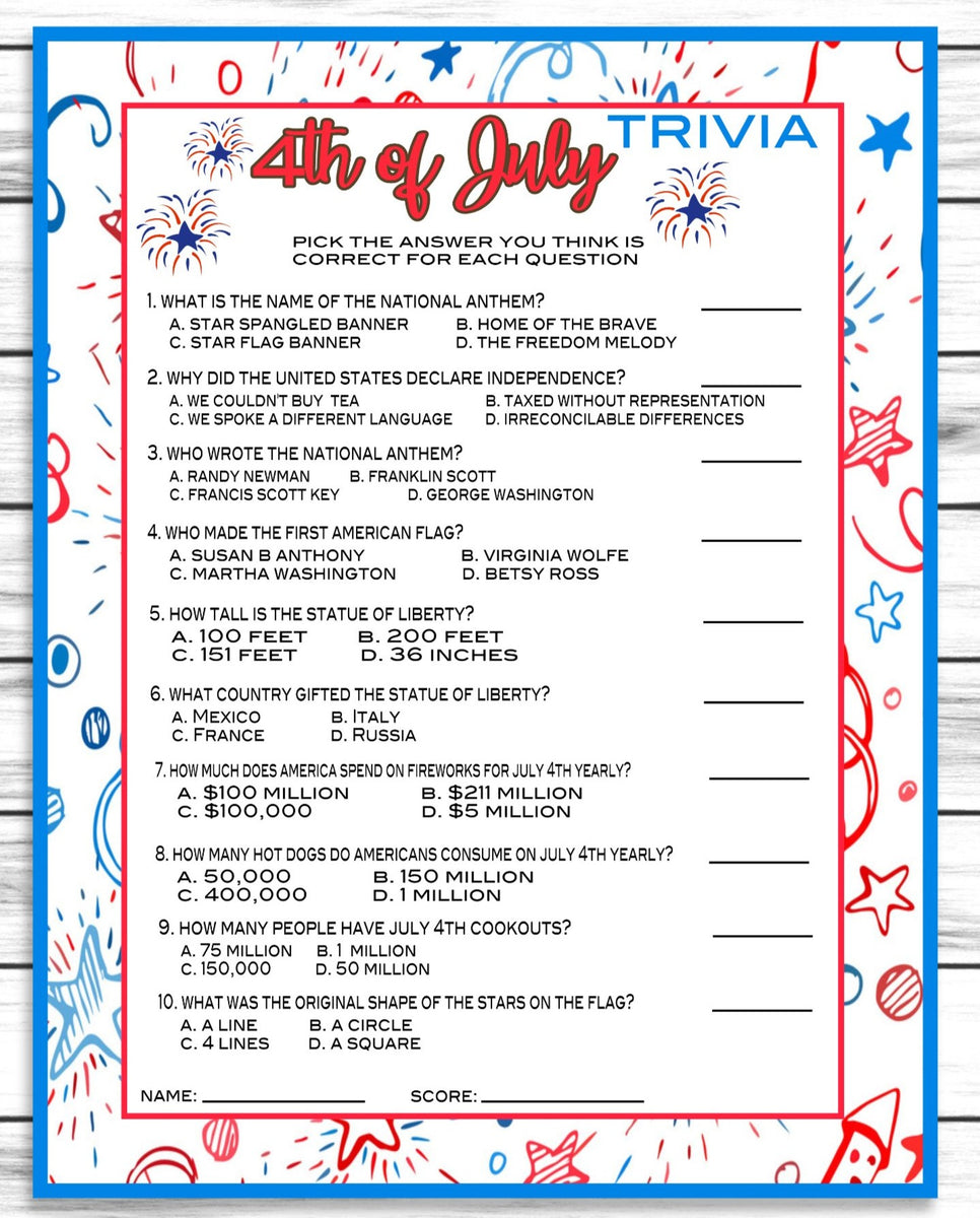 Printable July 4th Trivia Game Instant Download Activity Kids Or A