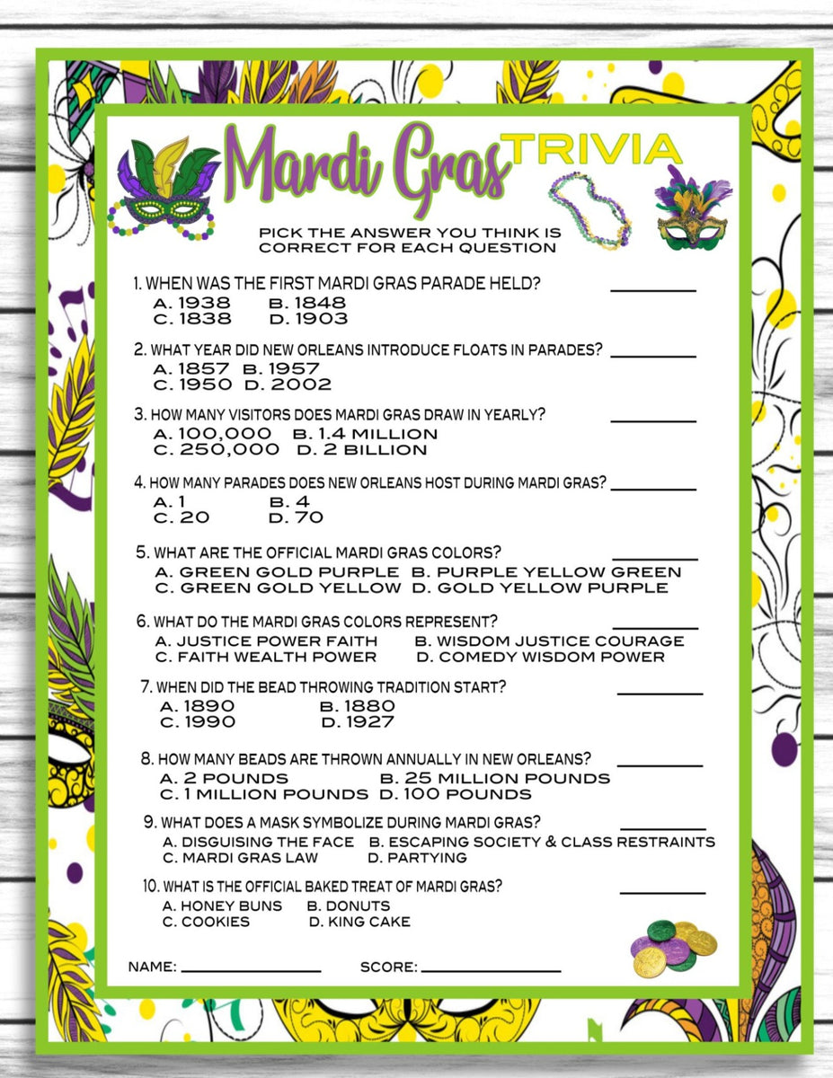 Mardi Gras Trivia Game, Party Game, Instant Download, Printable or Vir