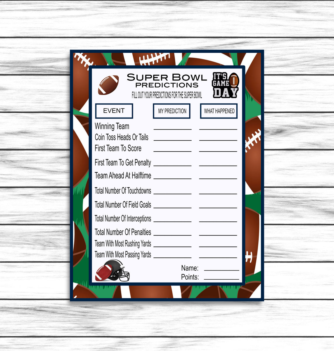 Printable Or Virtual Super Bowl Predictions Party Game, Kids Adults Fa