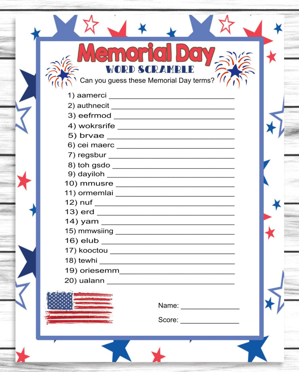 Memorial Day Word Scramble Game, Printable Kids Activity Sheet, Instan