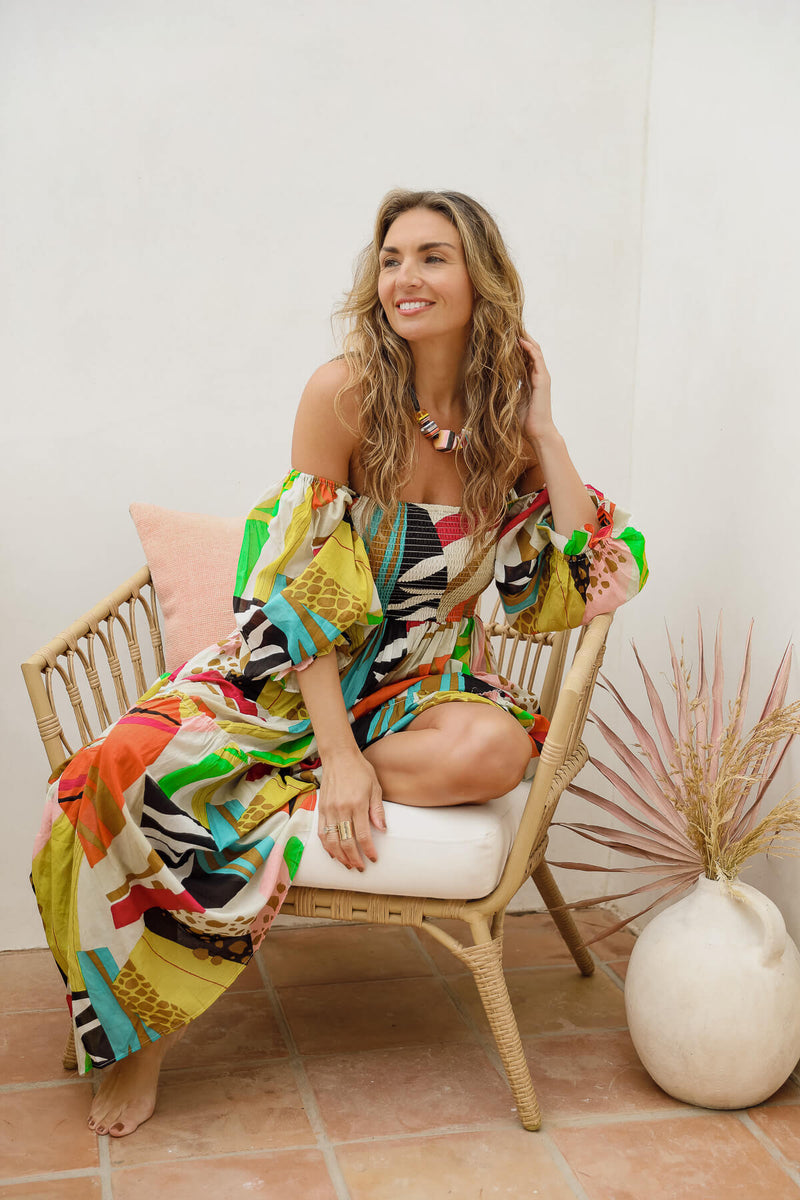 colorful off the shoulder dress