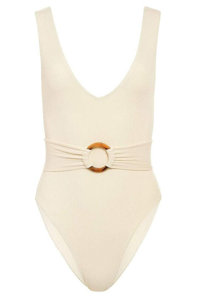 belted cream one piece swimwear