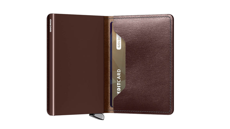 brown leather and metal wallet for men