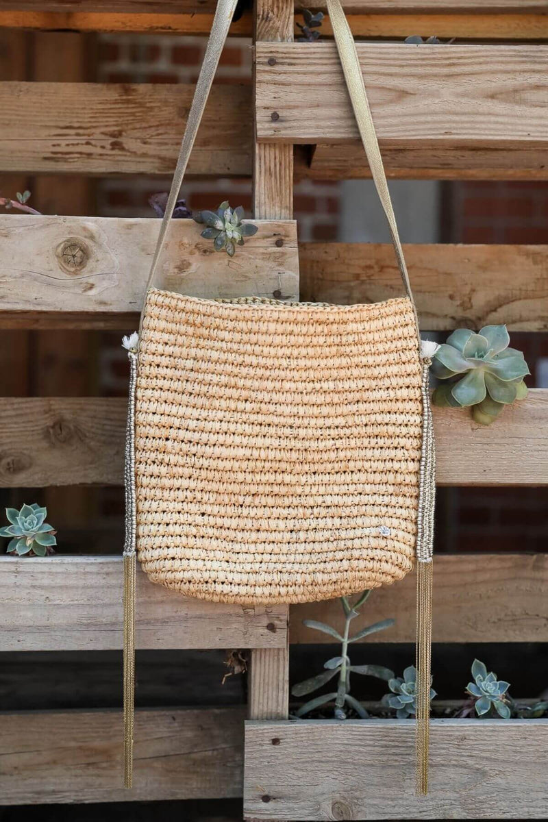 Women's Raffia Leather Gold and Natural Tote bag | Floralbella | Kariella.com