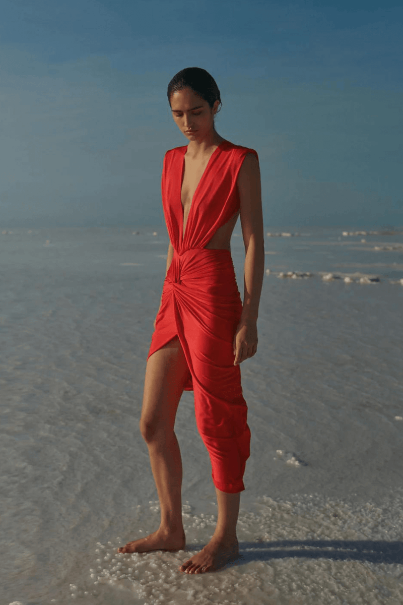 Women's bright red deep v-neck asymmetrical dress | Kariella