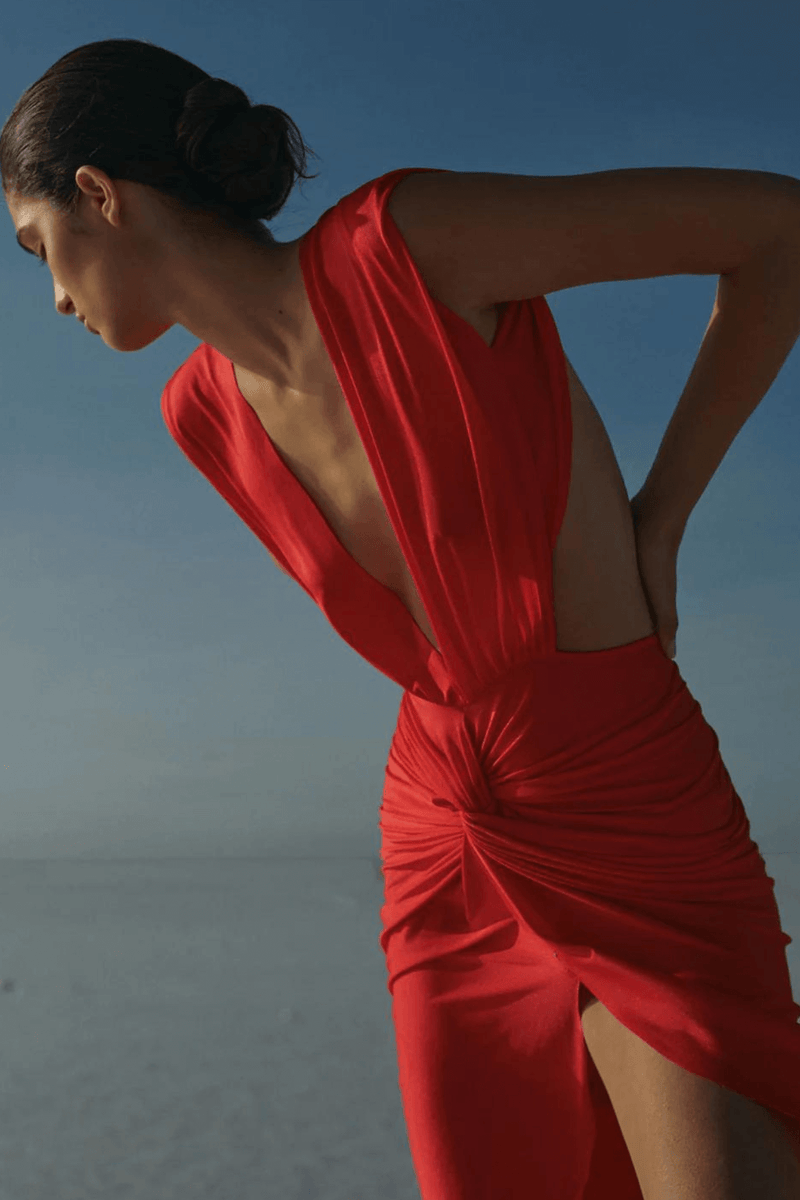 Bright red deep v-neck with open back and high leg slit dress | Kariella