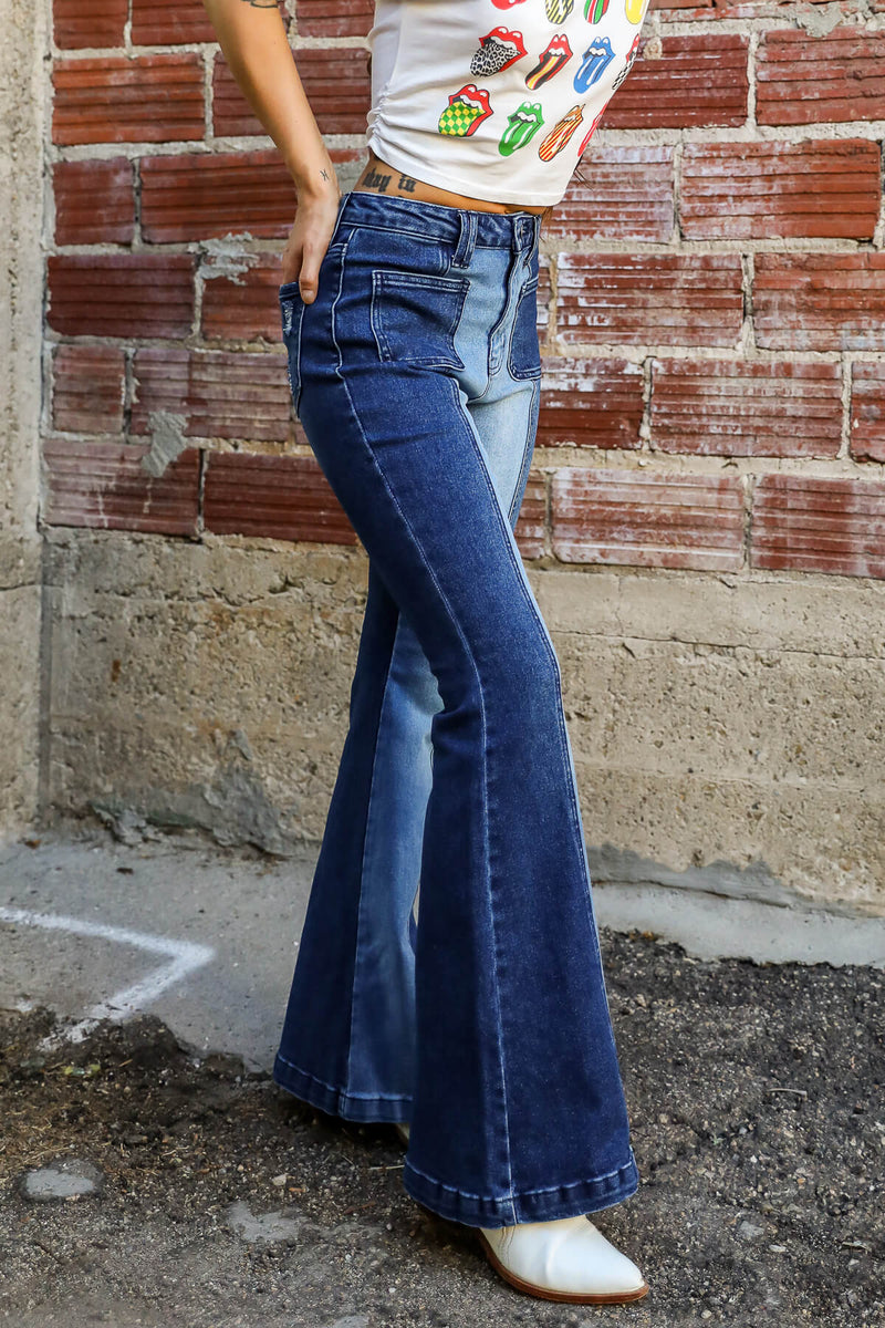 Two-tone flare jeans