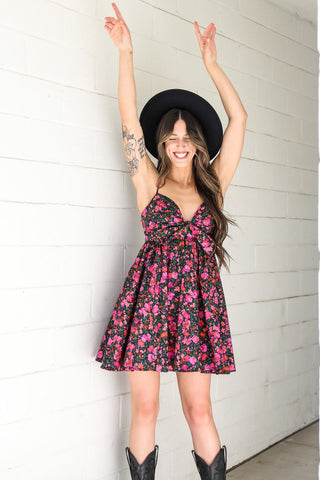 black floral print short dress