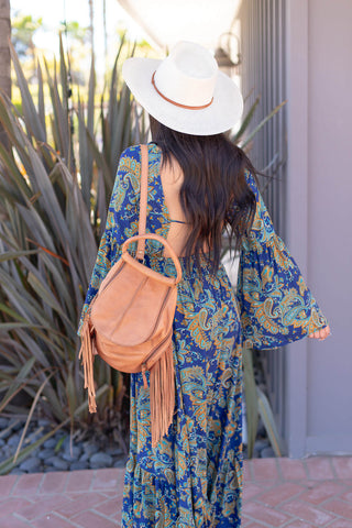 Women's light tan boho chic fringe backpack purse | Kariella