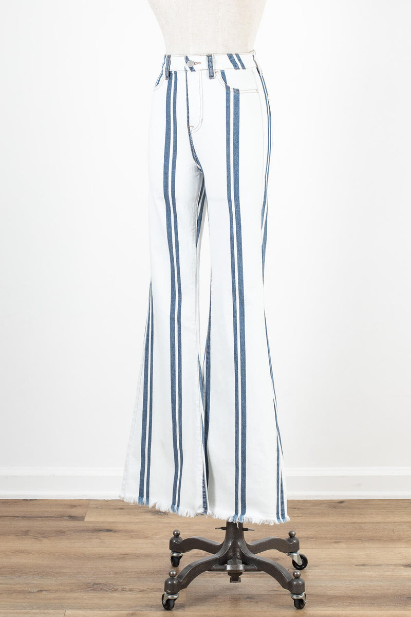 White and blue striped flare jeans | Kariella