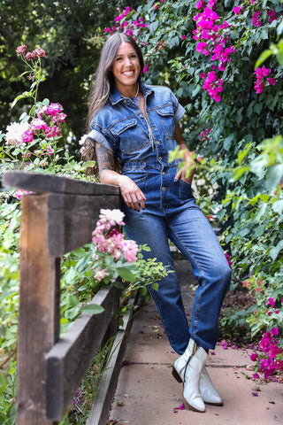 Women's dark blue denim jumpsuit | Kariella