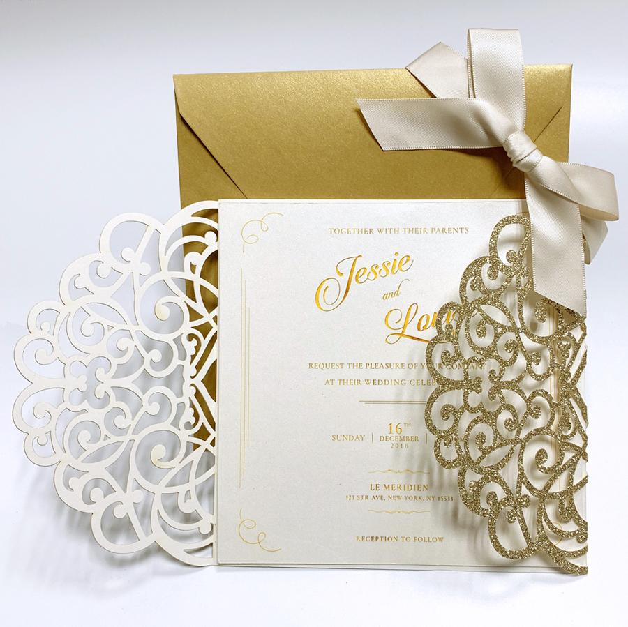 Laser cut Gold Butterfly Wedding Invitation cards+Inner sheet+Envelopes+Ribbon 