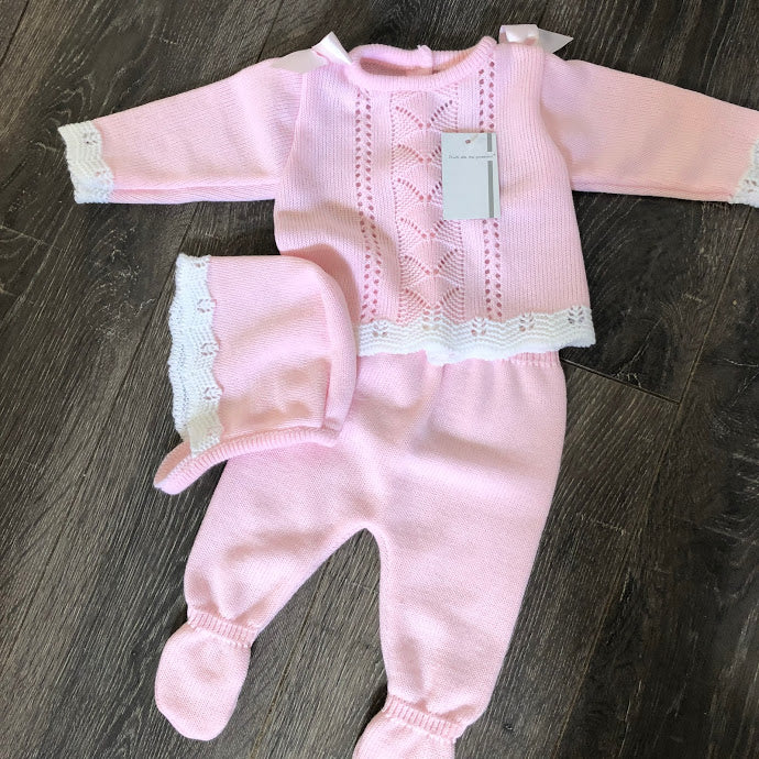 Baby Girl Spanish Designer Knitted 3 Piece Set 0-3m pink or cream