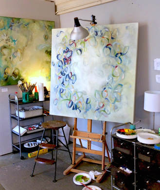 48x48 inch painting "Bound Together" in the studio.
