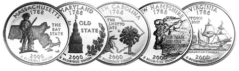 2000 Massachusetts - Maryland - South Carolina - New Hampshire - Virginia State Quarters