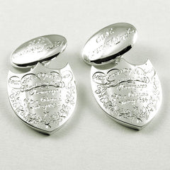 Shield shape crest engraved cufflinks bespoke