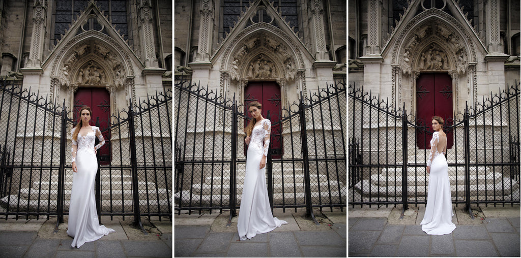 Claudia: Long sleeved Couture Bridal gown of French lace applique on nude mesh and a sleek heavy 6ply silk crepe skirt. Handmade in our Atelier on Russian Hill in San Francisco.