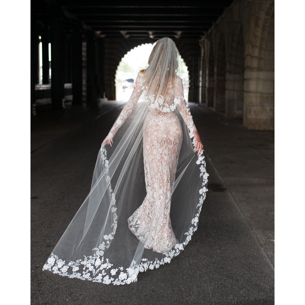 Florence: boho glam couture bridal gown of french lace from Sophie Halette, France and Italian silk. Applique bodice of lace on nude mesh, handmade in our Atelier on Russian Hill in San Francisco. 