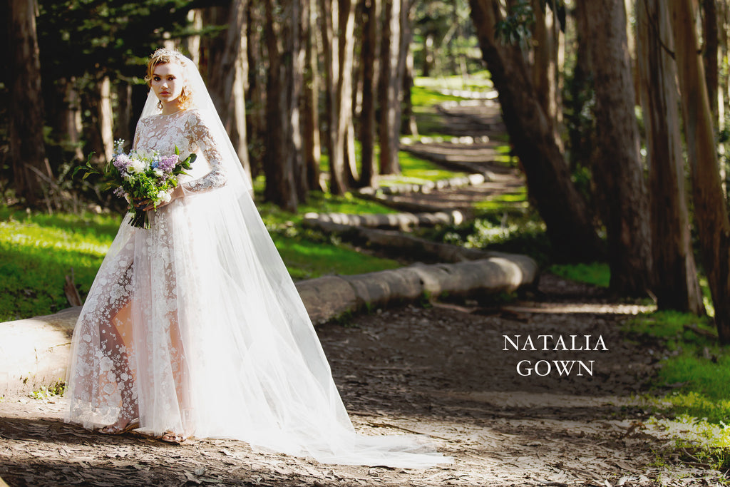 The Natalia Gown: long sleeved haute couture wedding dress of Italian floral embroidered tulle and blush silk, handmade in San Francisco.