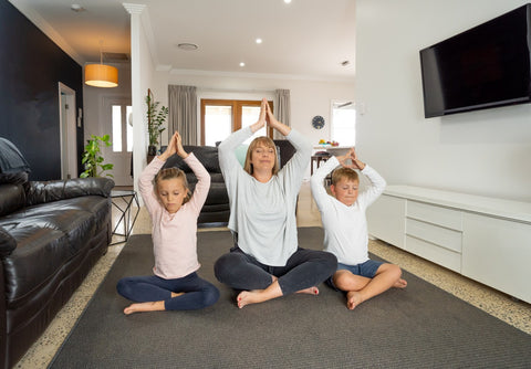 Family Yoga - Mum, Daughter, Son, meditating at home | Eco Yoga Store