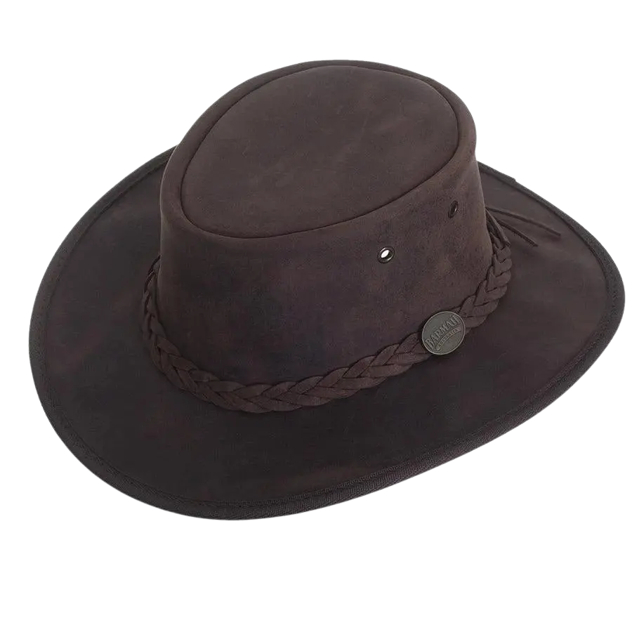 Barmah Full Grain Leather Foldaway Bronco Bush Hat for Men in Dark Brown