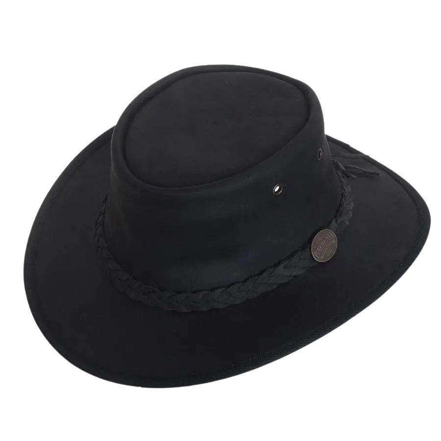 Barmah Full Grain Leather Foldaway Bronco Bush Hat for Men in Black