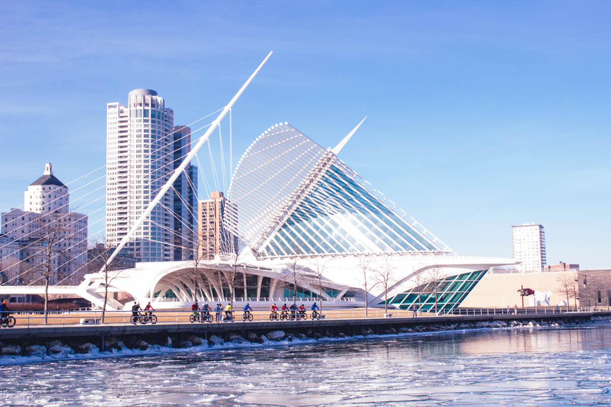 Fat biking in front of the Milwaukee Art Museun