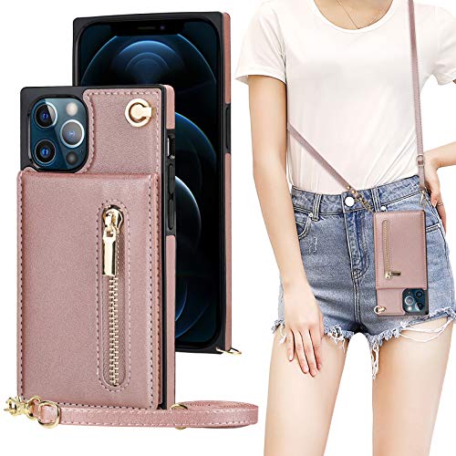 Black Wrist Strap Protective Kickstand Shoulder Cross Body Zipper Cover Case 6.7 Inch KIHUWEY Compatible with iPhone 12 Pro Max Crossbody Wallet Case with 5 Card Slots 