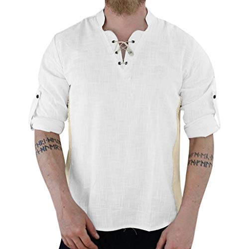 Mens Crewneck Long Sleeve Shirts,Males Casual Plus Retro Linen Blend Lace Up Button Up Solid Blouse – UnlimitedCellular