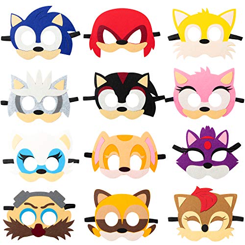 Salovio 12Pcs Sonic Felt Masks Themed Party Supplies Birthday Hedgehog Party Favors Dress Up Costumes Mask Photo Booth Prop Cartoon Character Cosplay Pretend Play Accessories Gift for Kids Boys Girls 