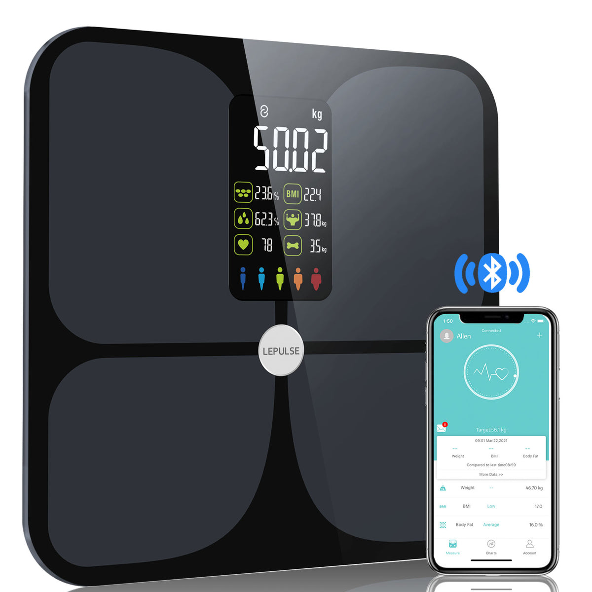 BMI Smart Bluetooth Waage Protein Smart App für Fitness Tracking 26 * 29CM Schwarz Muskelmasse etc Viszeralfett Smart Body Fat Waage hohe Präzisionsmessung für Körperzusammensetzung 