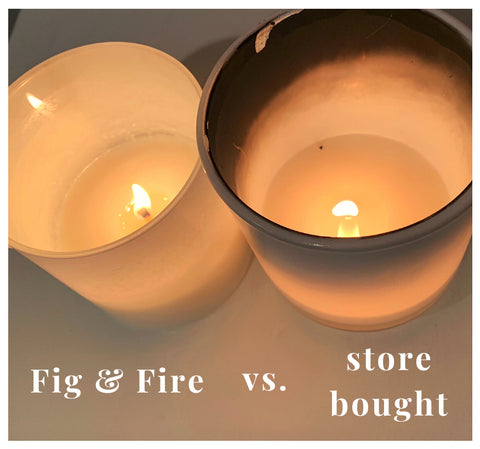 candle comparison - clean Fig & Fire candle versus store bought candle with heavy soot around the rim