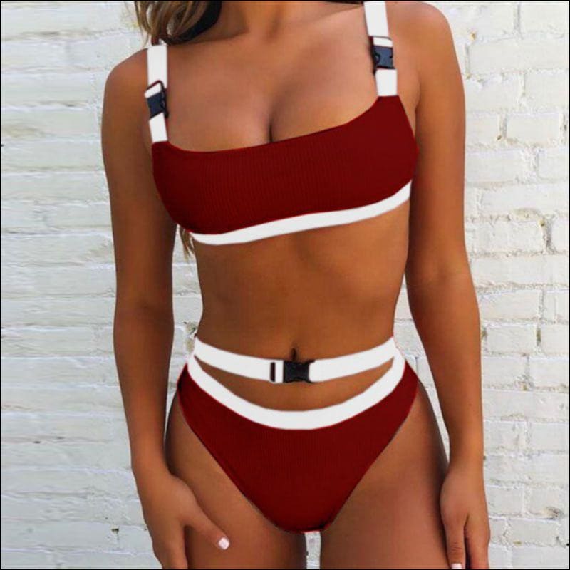 red and white buckle bikini