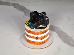 Lemon blueberry naked cake with a handmade 3D black DSLR camera 