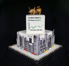 stock exchange NY and HK cake with 3D wall street bull