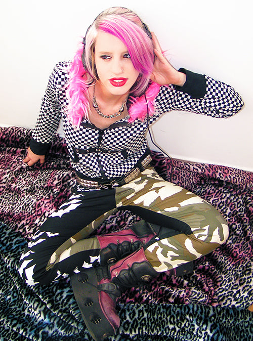 street fashion pink hair ska jacket emo girl bat print camo pants 