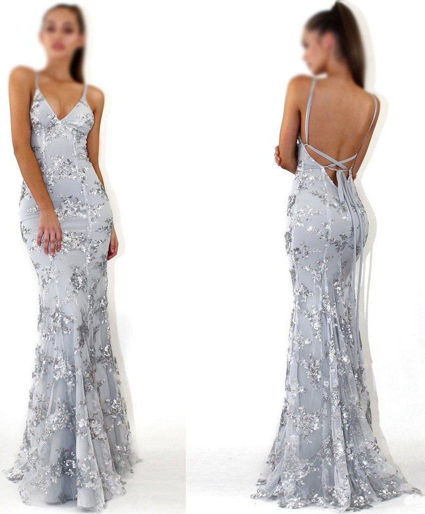 sexy silver sleeveless sequins fishtail evening dress