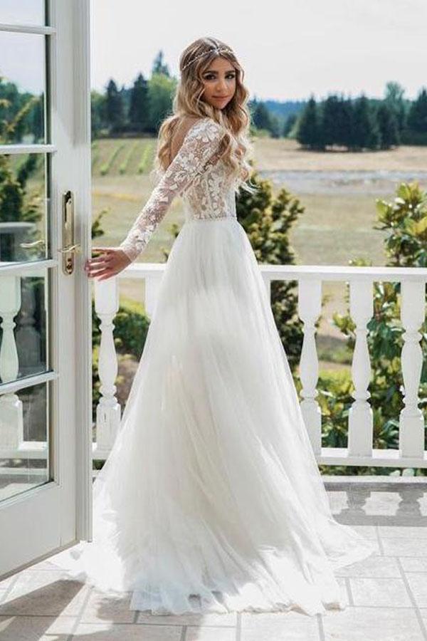 long sleeve v back wedding dress