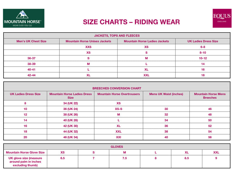 Mountain Horse Jacket Size Chart