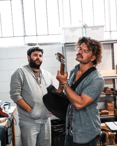 Martin Pratley with Ash Grunwald at the Pratley Guitars Factory