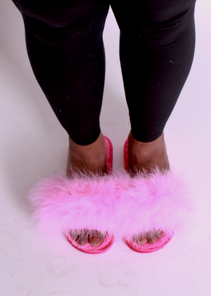 pink faux fur slides