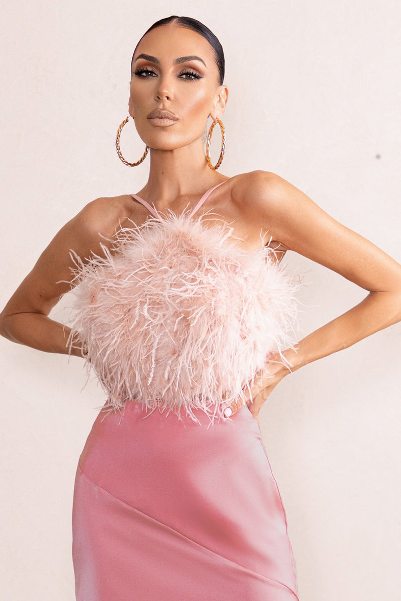 Ever-Evolving | Pink Halter Neck Feather Crop Top With Backless Knot Detail