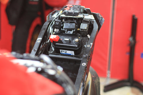Full Spectrum Power Pulse P2 lithium motorcycle battery installed in Claudio Corti's HSBK Aprilia RSV4RF