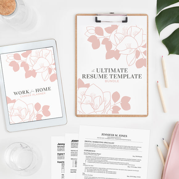 The Work from Home Career Planner, The Ultimate Resume Template Bundle, and 3 resume templates resting on a home office desk with a clipboard, pencils, and other office supplies