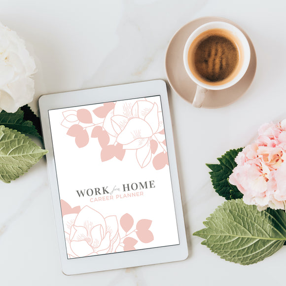 Image of an iPad resting on a home office desktop, displaying the Work from Home Career Planner printable