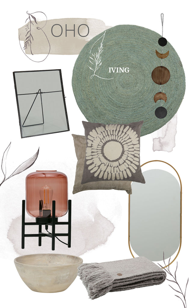 Foto Collage mit Boho Interior Artikeln wie einem Teppich, Spiegel, einer Lampe, hübschen Kissen uvm.
